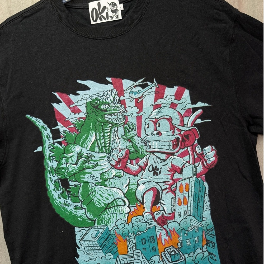 Oki Godzilla vs Monkey Kaiju Graphic T-Shirt Black Mens Large Streetwear Cotton